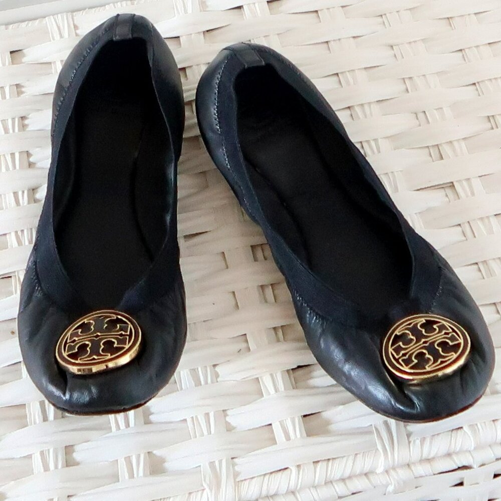Tory Burch Black Leather Round Toe Ballet Flats Gold Logo Classic Designer Shoes - Picture 11 of 16